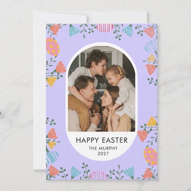 Elegant Färgrik Oval Blommig Påsk Familjefoto Julkort (Framsida)