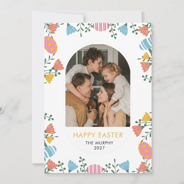 Elegant Färgrik Oval Blommig Påsk Familjefoto Julkort (Framsida)
