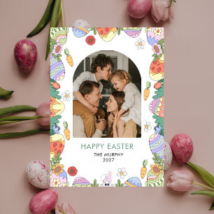 Elegant Färgrik Oval Blommig Påsk Familjefoto Julkort