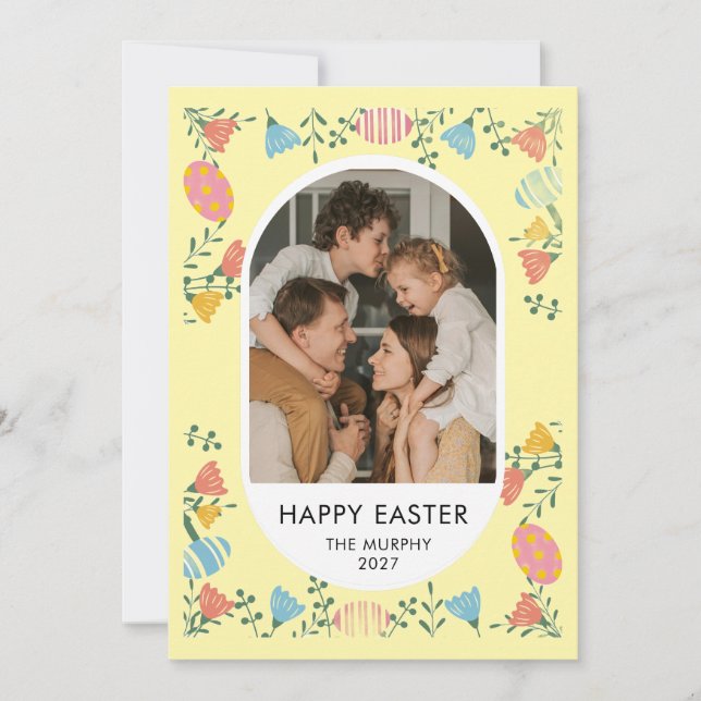 Elegant Färgrik Oval Blommig Påsk Familjefoto Julkort (Framsida)