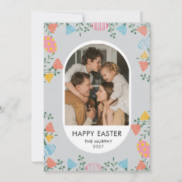 Elegant Färgrik Oval Blommig Påsk Familjefoto Julkort