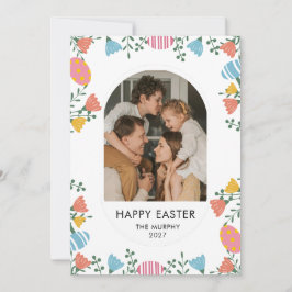 Elegant Färgrik Oval Blommig Påsk Familjefoto Julkort