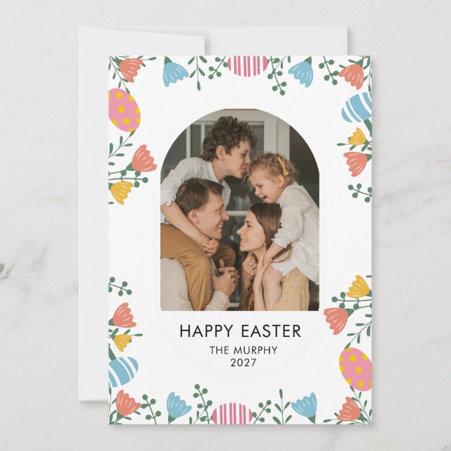 Elegant Färgrik Oval Blommig Påsk Familjefoto Julkort (Framsida)