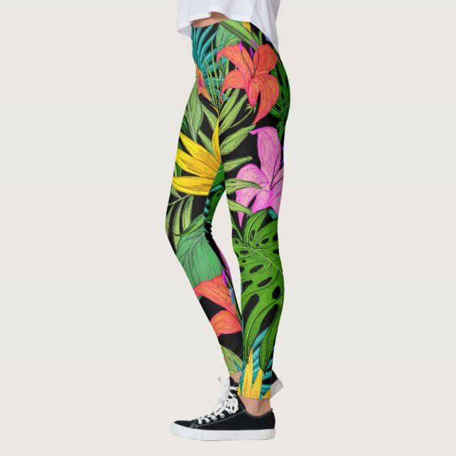 Elegant Färgrik Sommar Tropisk Blommig Löv |  Leggings (Vänster)