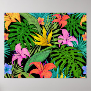 Elegant Färgrik Sommar Tropisk Blommig Löv Poster