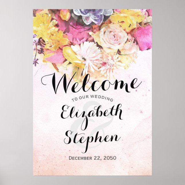 Elegant Färgrik Vattenfärg Blomma Bröllop Välkomme Poster (Framsidan)