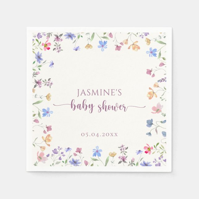 Elegant Färgrik Vattenfärg Blommig Bebis Bebisfest Pappersservett (Framsidan)