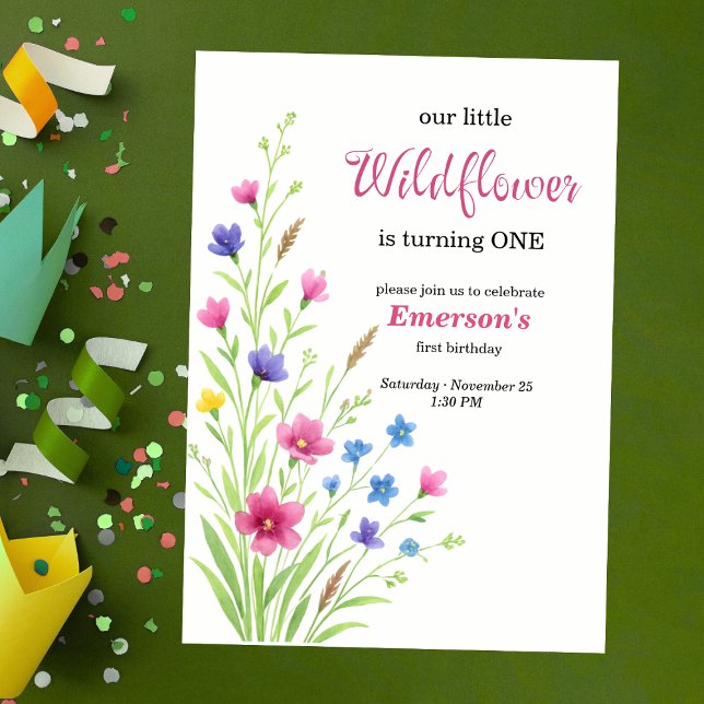 Elegant Färgrik Vildblomma 1-års Födelsedagsfest Inbjudningar (Skapare uppladdad)