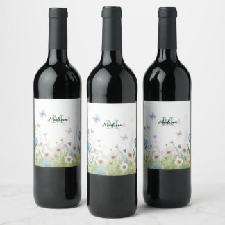 Elegant Färgrik  Vildblomma Blå fjäril Vinflaska Etikett