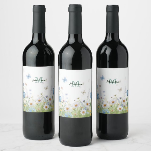 Elegant Färgrik  Vildblomma Blå fjäril Vinflaska Etikett (Flaskor)
