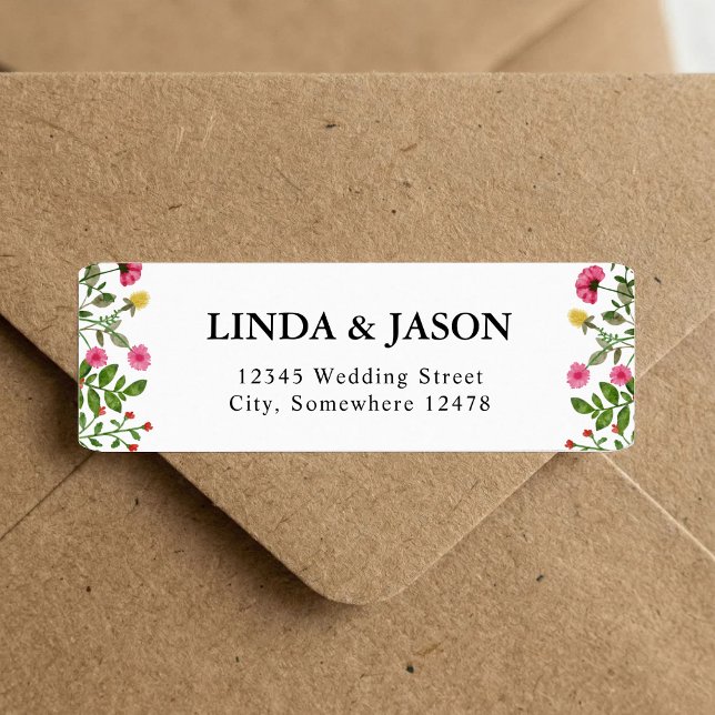 Elegant Färgrik Vildblomma Bröllop Returadress Etikett (Elegant wildflower return address labels add colorful charm to your wedding mail.)