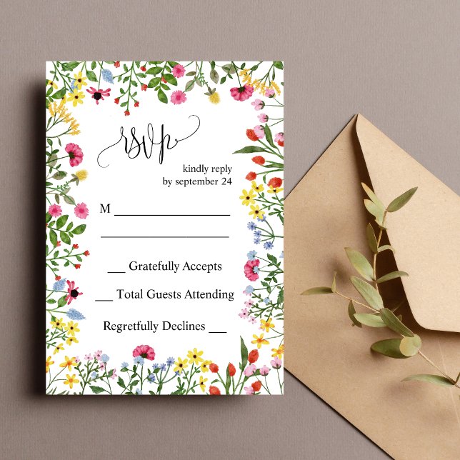 Elegant Färgrik Vildblomma Bröllop RSVP-kort Inbjudningar (Elegant colorful wildflower wedding RSVP card makes guest replies simple with vibrant floral style)