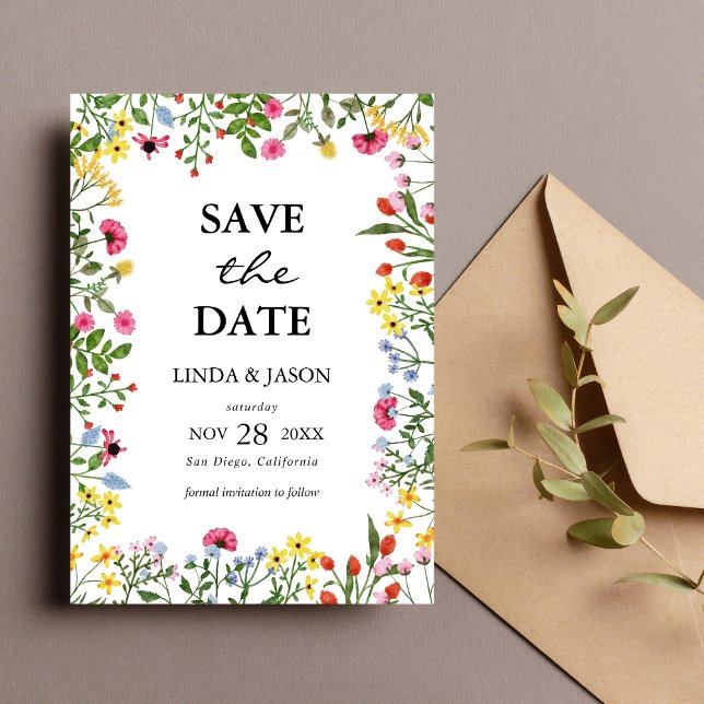 Elegant Färgrik Vildblomma Bröllop Spara Datum Inbjudningar (Colorful wildflower wedding save the date invitation sets a vibrant, joyful tone for your big day)