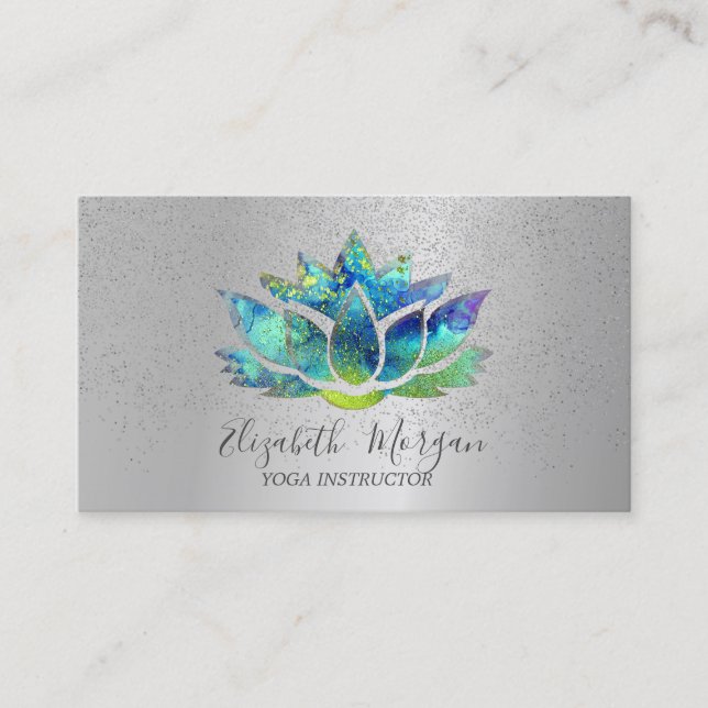 Elegant Färgstark Lotus Silver Konfetti Yoga Visitkort (Framsida)