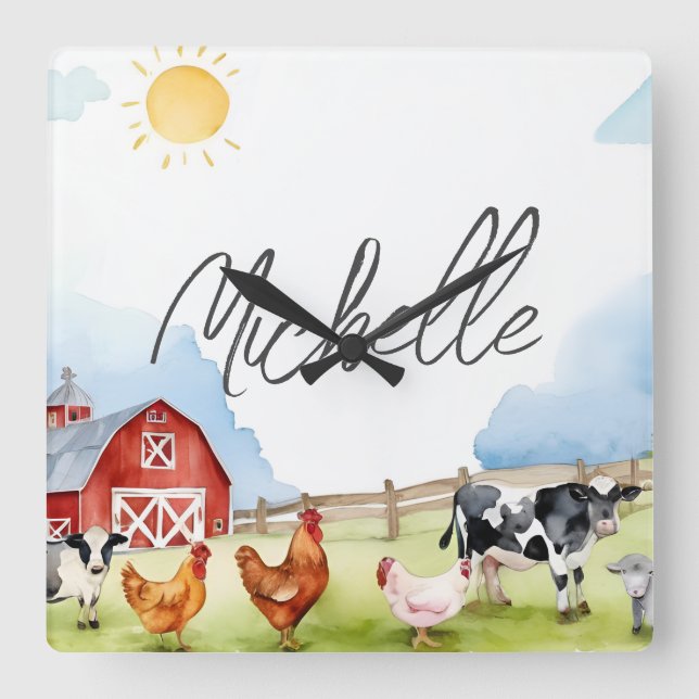 Elegant Farmhouse Red Barnyard Farm Animal Anpassn Fyrkantig Klocka (Framsida)
