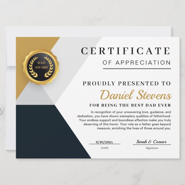 Elegant Fars Dag Certifikat Kort (Framsida)