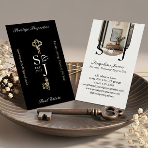 Elegant Fastighets Svarta Guldnyckel Monogram Foto Visitkort