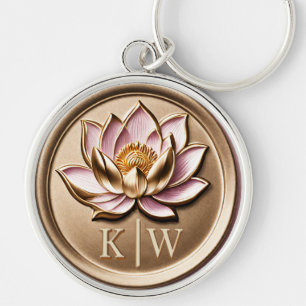 Elegant Faux 3D Förgylld Rosa Lotus Guld Monogram Rund Silverfärgad Nyckelring