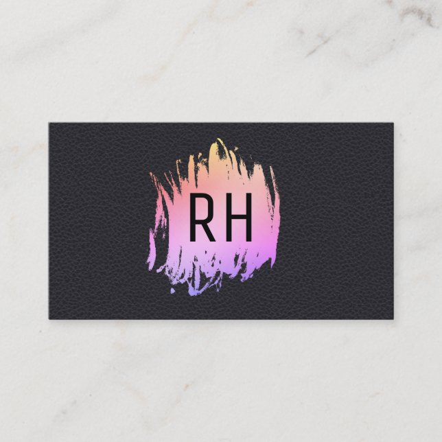 Elegant Faux Black Leather Brushed Färg Monogram Visitkort (Framsida)