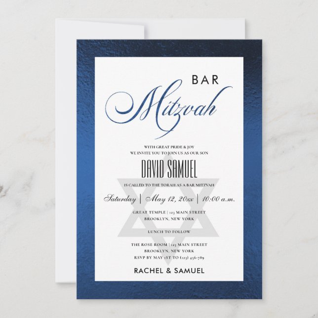 ELEGANT FAUX BLUE ENKEL FLADDERMUS PUB MITZVAH INBJUDNINGAR (Framsida)