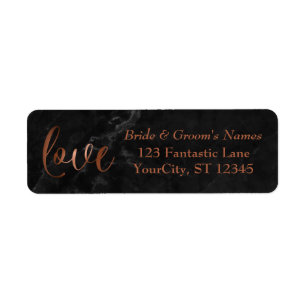 Elegant Faux Copper Foil, Black Marble Kärlek Returadress Etikett
