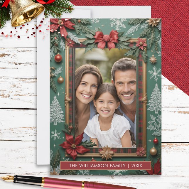 Elegant Faux-Embellished Flat Christmas Julkort (An elegant Christmas card in festive red, green and white, with space for your custom photo and name)