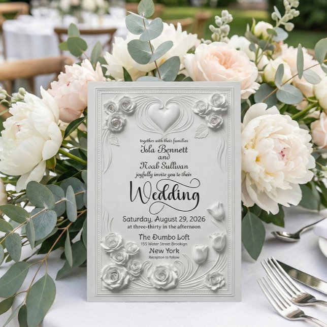 Elegant Faux Embossed White Floral Heart Wedding Inbjudningar (Skapare uppladdad)
