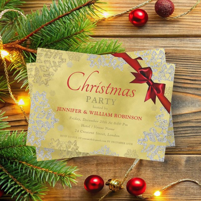 Elegant FAUX Foil Snöflingor Julafton Helgdag Ribb Inbjudningar (Elegant FAUX Foil Snowflakes Xmas Holiday Ribbon Invitation)