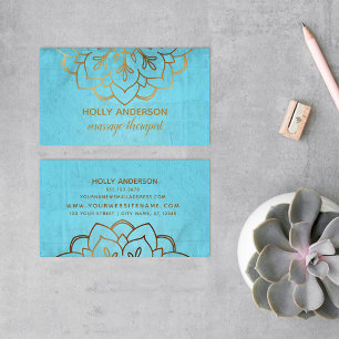 Elegant Faux Gold Foil Mandala w/ Struktur & Aqua Visitkort