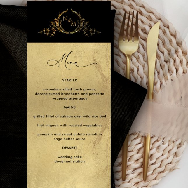 Elegant Faux Gold Foil Monogrammed Bröllop Menu Meny (Skapare uppladdad)