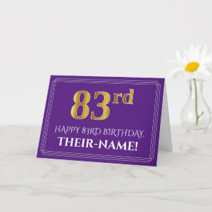 Elegant Faux Gold Look 83rd Birthday, Name; Purple Kort