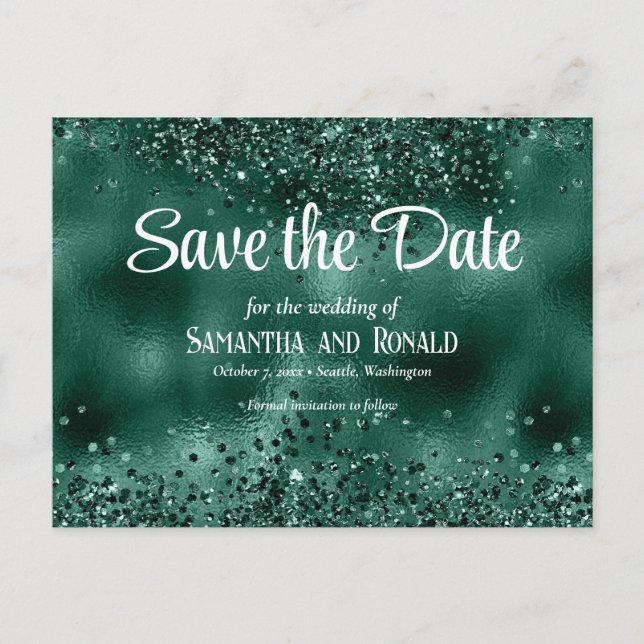 Elegant Faux Grönt Glitter och Foil Bröllop Meddelande Vykort (Framsida)