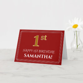 Elegant Faux Guld: "1st" Birthday, Namn (Red) Kort