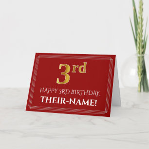 Elegant Faux Guld: "3rd" Birthday, Namn (Red) Kort