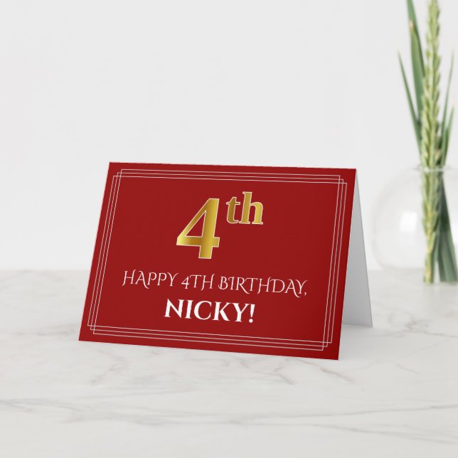 Elegant Faux Guld: "4th" Birthday, Namn (Red) Kort (Framsida)