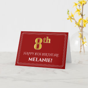 Elegant Faux Guld: "8th" Birthday, Namn (Red) Kort