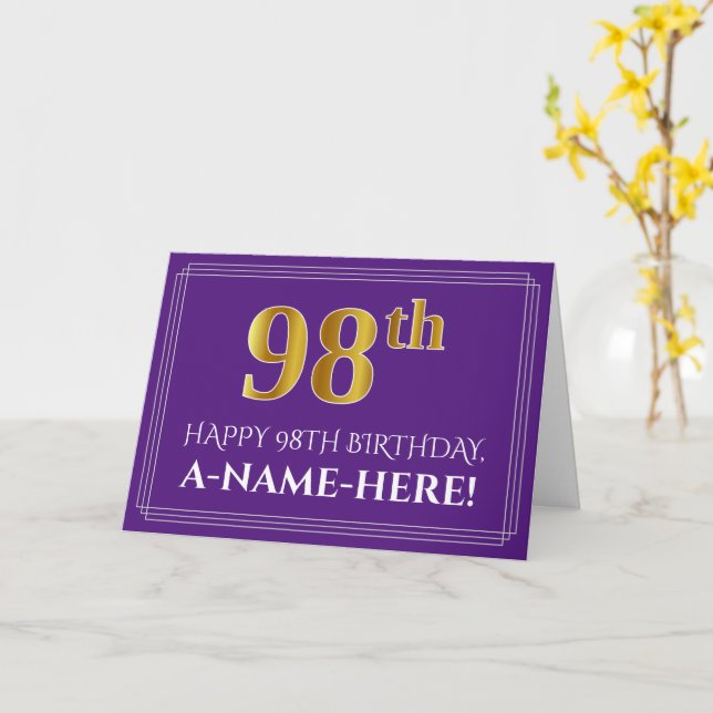 Elegant Faux Guld: 98:e födelsedag, Namn; Lila Kort (Gul blomma)