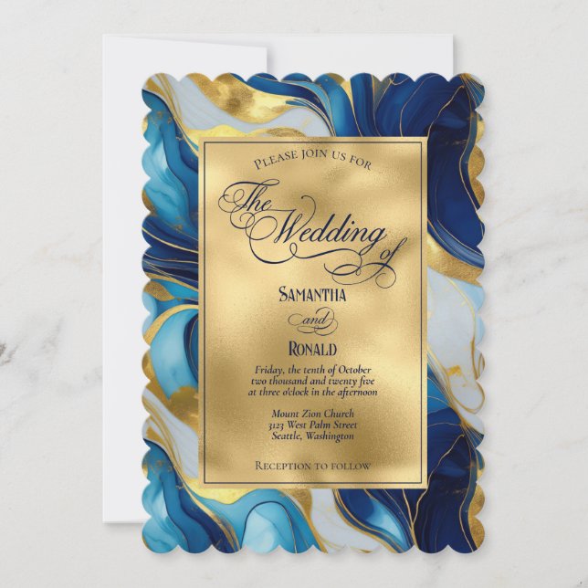 Elegant Faux Guld, Blue och White Marcular Bröllop Inbjudningar (Framsida)