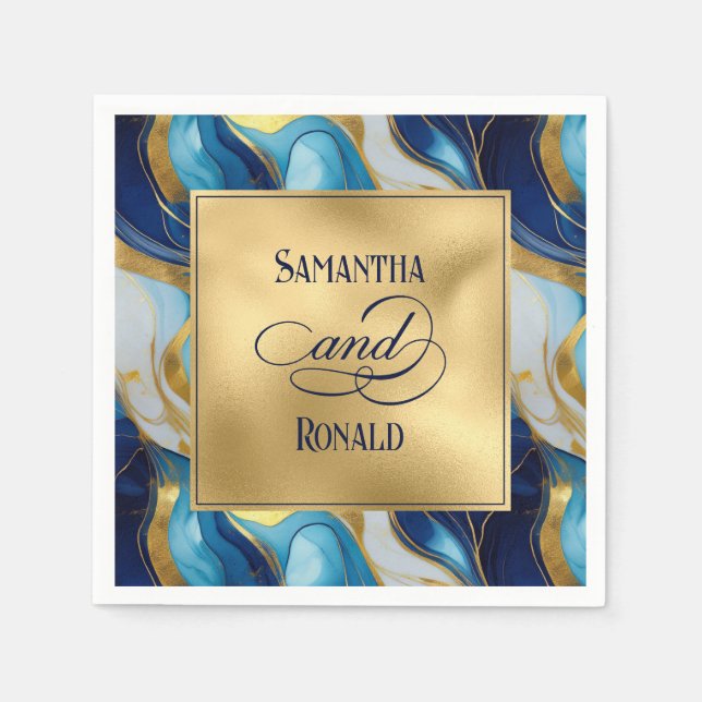 Elegant Faux Guld, Blue och White Marcular Bröllop Pappersservett (Framsidan)