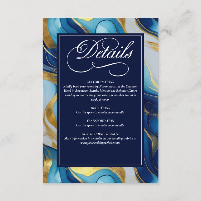 Elegant Faux Guld, Blue och White Marcular Bröllop Tilläggskort (Framsida)