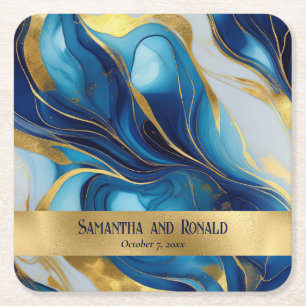 Elegant Faux Guld, Blue och White Marcular Bröllop Underlägg Papper Kvadrat