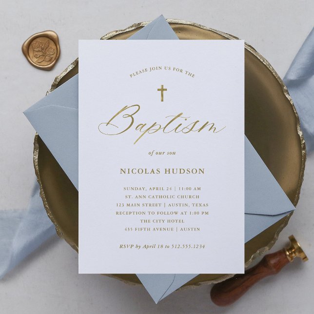 Elegant Faux Guld Calligraphy och Kor | Baptism Inbjudningar (Skapare uppladdad)