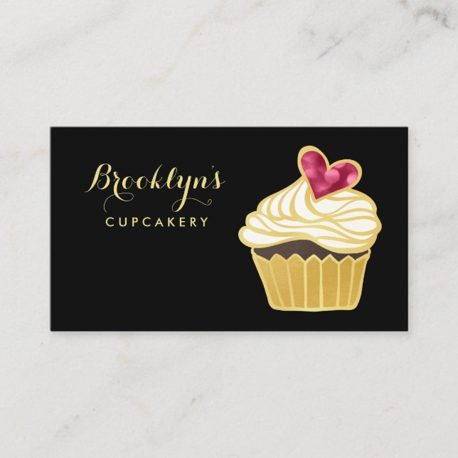 Elegant FAUX Guld Cupcakery och Rosa Bokeh Heart Visitkort (Framsida)