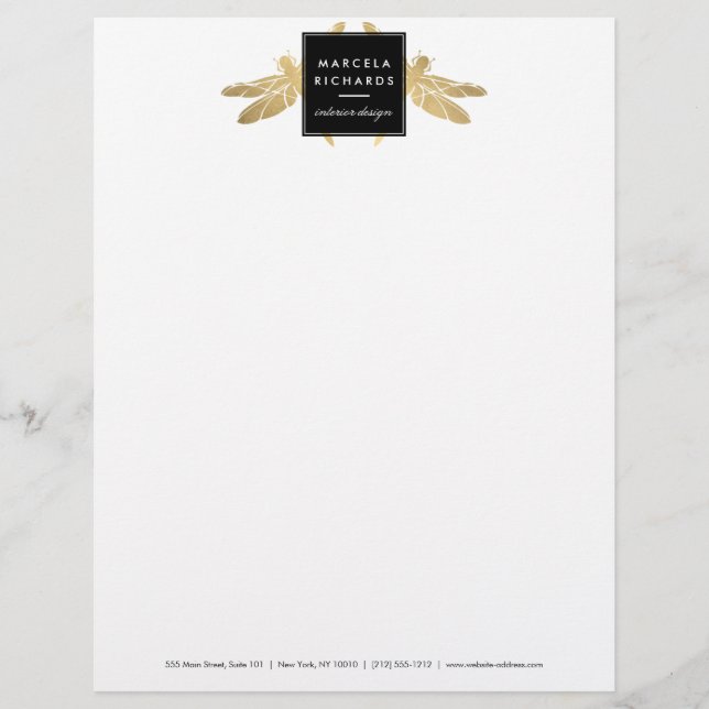 Elegant Faux Guld Dragonfly Duo Letterhead Brevhuvud (Framsida)