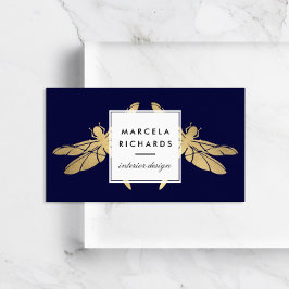 Elegant Faux Guld Dragonfly Duo på Mörk Navy Visitkort