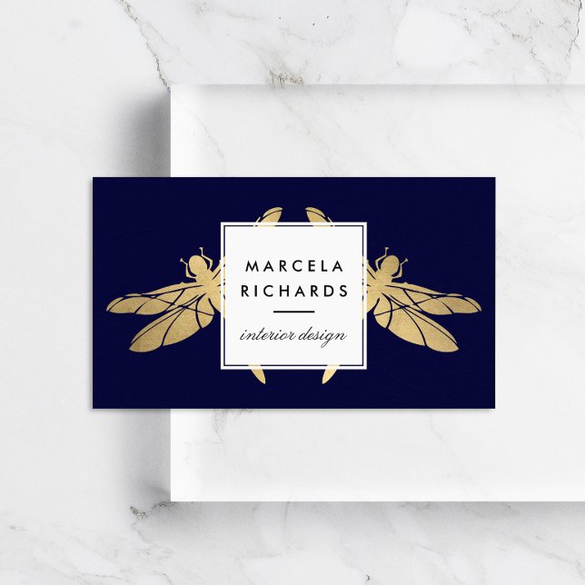 Elegant Faux Guld Dragonfly Duo på Mörk Navy Visitkort (Skapare uppladdad)