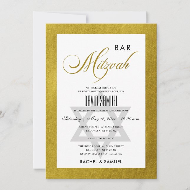 ELEGANT FAUX GULD ENKEL FLADDERMUS PUB MITZVAH INBJUDNINGAR (Framsida)