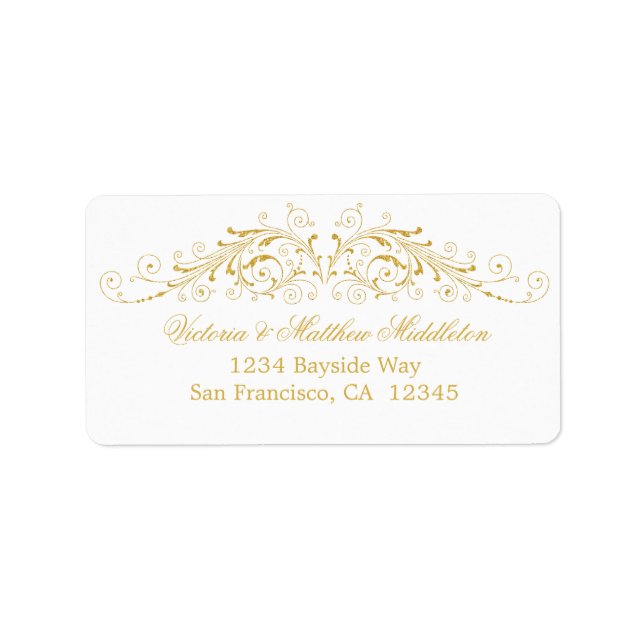 Elegant Faux Guld Flourish Damask Adressetikett (Framsidan)