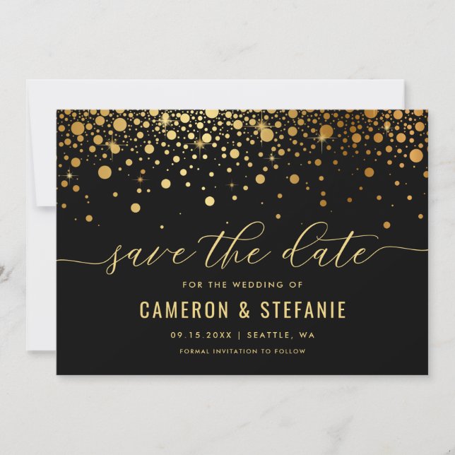 Elegant Faux Guld Foil Confetti Modern Black Spara Datumet (Framsida)