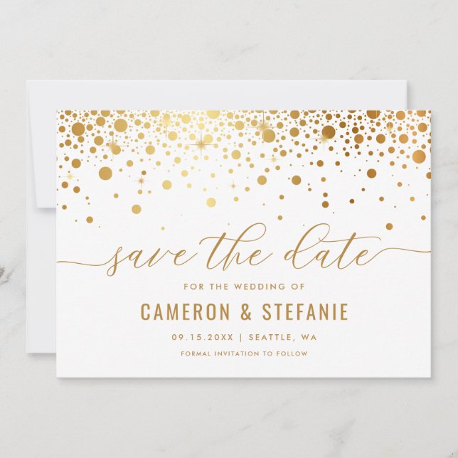 Elegant Faux Guld Foil Confetti Modern White Spara Datumet (Framsida)